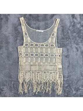 InLUV Tank Top Women's M Beige Cotton Sheer Eyelet Fringed Hem Bohemian Summer